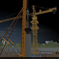 Construction Site With Tower Crane Lifting Concrete Column Under Blue Sky