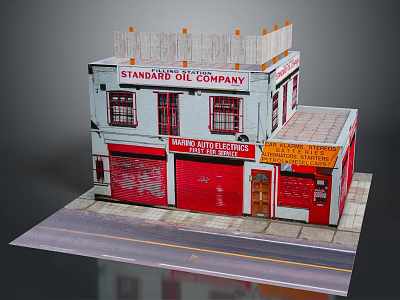 Cartoon Scene of Two Story Standard Oil Company Building With Red Roll Up Doors 3d model