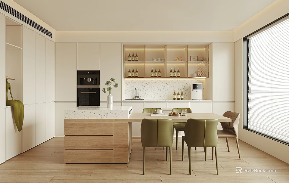 Modern Restaurant Open Kitchen Interior With Island Counter Green Chairs And White Cabinets 3d model 