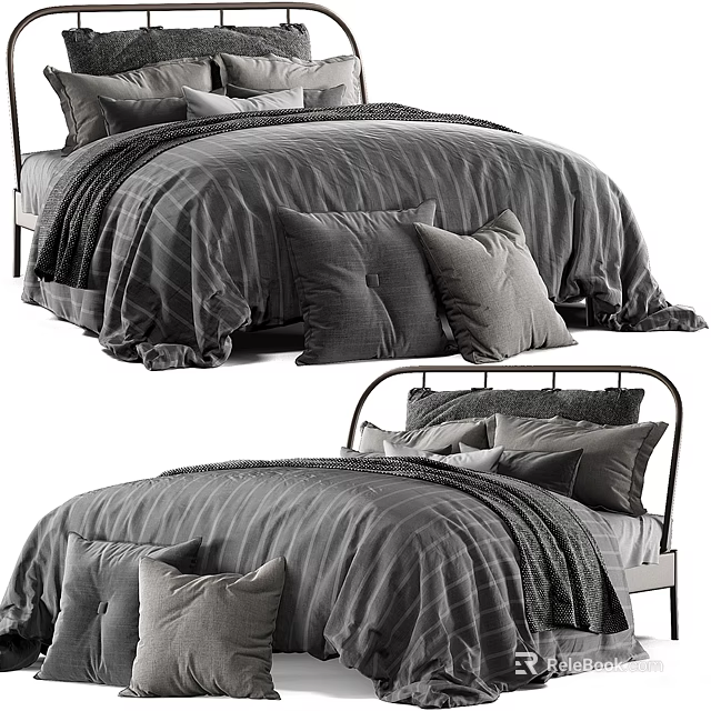 Modern Double Bed With Gray Striped Bedspread Metal Frame And Multiple Pillows 3d model