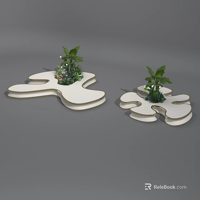 Unique Shaped White Base Decorative Pieces With Green Plants For Interior Decor 3d model 