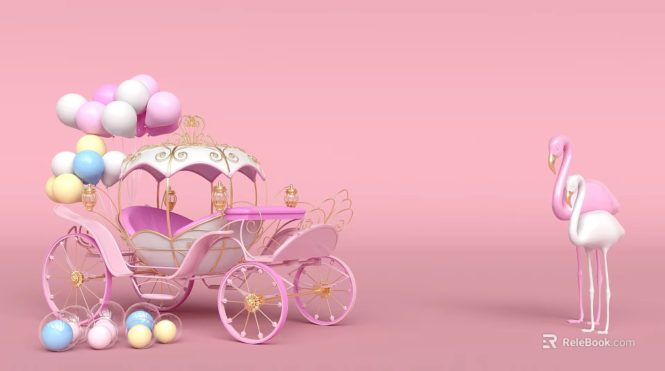 Pink Carriage With Colorful Balloons And Flamingo Decoration On Pink Background 3d model 