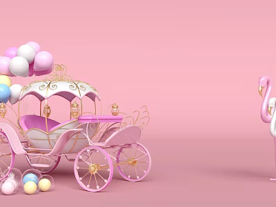 Pink Carriage With Colorful Balloons And Flamingo Decoration On Pink Background 3d model
