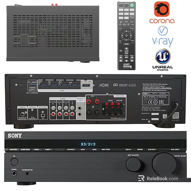 Sony Home Theater AV Receiver with HDMI CD Audio Ports Remote Control and Panel Design 3d model 