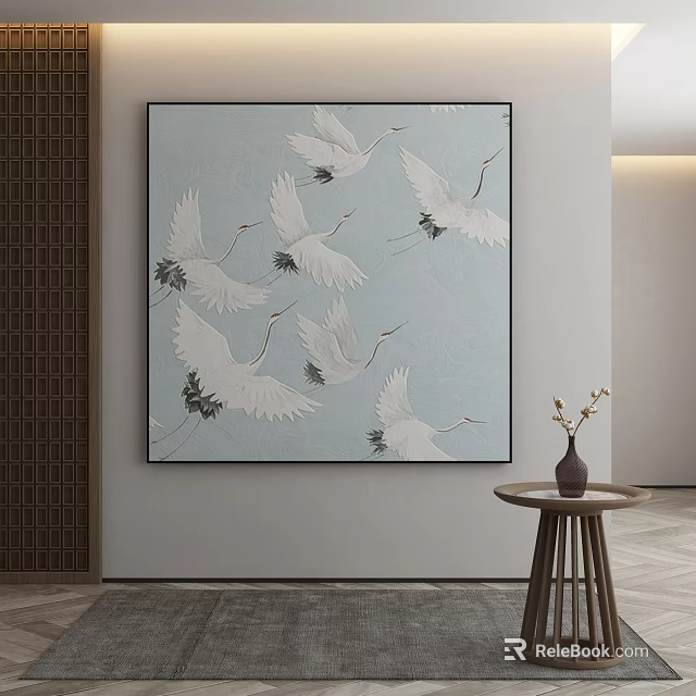 Elegant Abstract Painting Featuring Flying White Cranes On Light Blue Background 3d model 