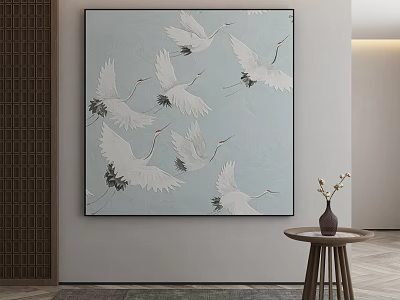 Elegant Abstract Painting Featuring Flying White Cranes On Light Blue Background 3d model