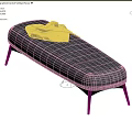 Gray Textured Fabric Sofa Bench With Blue Blanket Black Metal Legs On Marble Floor