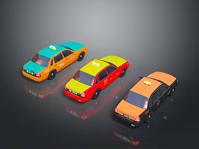 Colorful Toy Taxi Models In Various Colors With Roof Signs On Black Background 3d model
