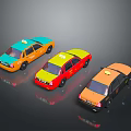 Colorful Toy Taxi Models In Various Colors With Roof Signs On Black Background