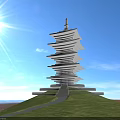 White Layered Tower Structure Standing On Green Hillside Under Blue Sky With Bright Sunshine