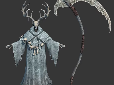 Mystic Antlered Skull Character In Tattered Gray Robe With Scythe And Skull Decorations 3d model