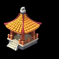 Traditional Chinese Style Pavilion Featuring Yellow Tiled Roof Red Decorations Wooden Structure And Steps