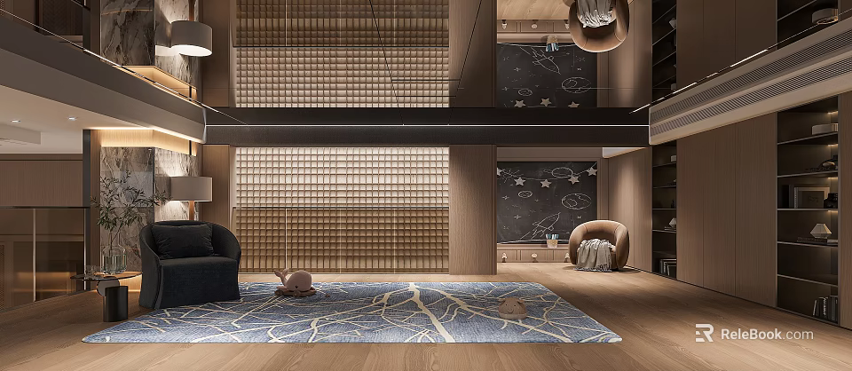 Modern Entertainment Room With Decorative Wall Blue Patterned Rug And Sofa 3d model 
