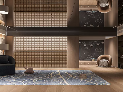 Modern Entertainment Room With Decorative Wall Blue Patterned Rug And Sofa 3d model