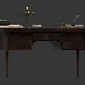 Vintage Wooden Desk With Books Candle Holder Scroll And Magnifying Glass