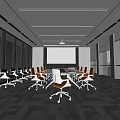 Modern Spacious Conference Room Interior With Large Meeting Table Orange Gray Chairs And Projector Screen