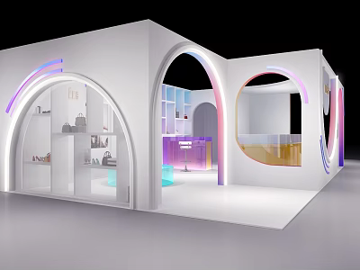 Modern White Exhibition Booth Featuring Arch Design And Colorful Lighting Display Space 3d model