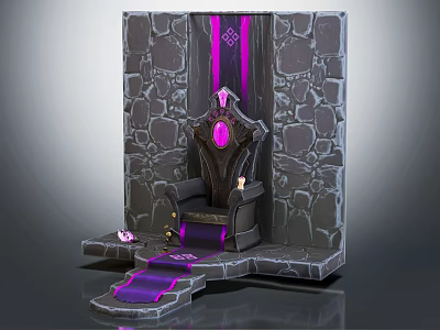 Majestic Fantasy Throne With Purple Accents And Stone Wall Backdrop On Decorative Purple Steps 3d model