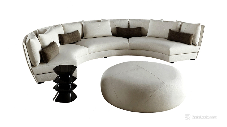 Modern Curved Light Colored Sofa Set With Cushions And Ottoman 3d model 