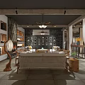 Rustic Restaurant Interior With Wooden Tables Hanging Lamps Stone And Greenery Walls
