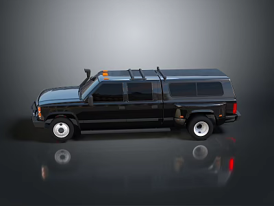 Black Extended Truck With Roof Rack Orange Warning Light Shiny Finish And Reflective Surface 3d model
