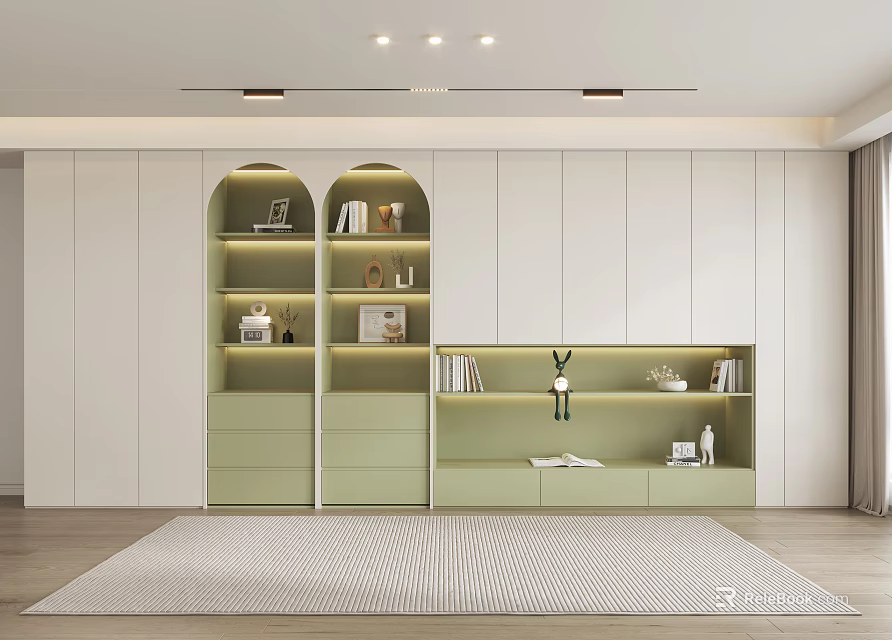 Modern Light Green And White Bookcase With Arch Design Open Storage Decorations And Books 3d model 