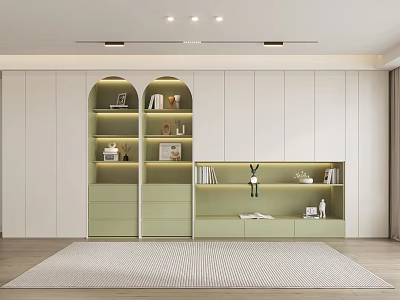 Modern Light Green And White Bookcase With Arch Design Open Storage Decorations And Books 3d model