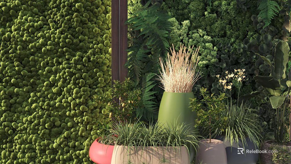 Living Green Plant Wall Indoor Decor With Green Red Planters And Fern Grass Plants 3d model 