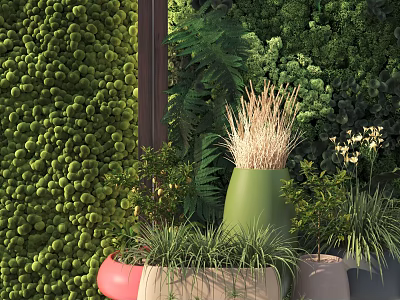 Living Green Plant Wall Indoor Decor With Green Red Planters And Fern Grass Plants 3d model