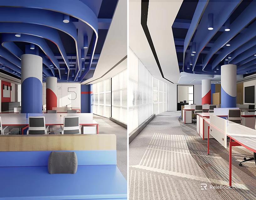 Modern Public Office Interior With Blue Ceiling White Columns And Office Desks 3d model 