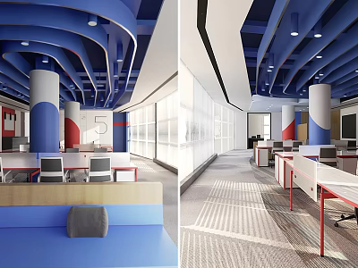 Modern Public Office Interior With Blue Ceiling White Columns And Office Desks 3d model