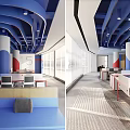 Modern Public Office Interior With Blue Ceiling White Columns And Office Desks