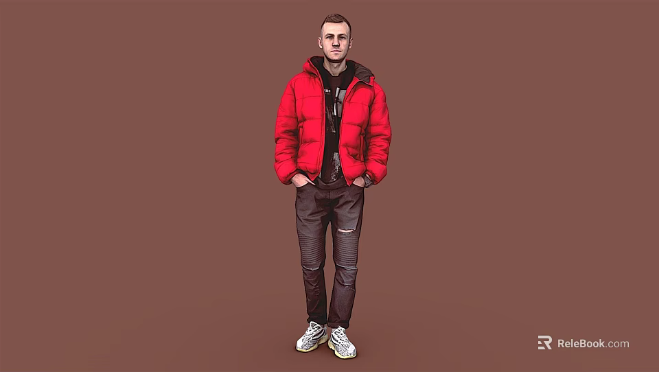 Man Wearing Red Puffer Jacket Black Hoodie Dark Pants And White Sneakers Against Brown Background 3d model 