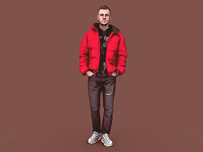 Man Wearing Red Puffer Jacket Black Hoodie Dark Pants And White Sneakers Against Brown Background 3d model