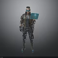 Cyberpunk Character Wearing Goggles Holding Blue Tablet In Futuristic Outfit Standing Against Neutral Gray Background