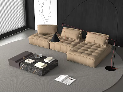 Beige Sectional Sofa and Marble Coffee Table Set with Floor Lamp and Gray Rug 3d model