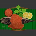 Fresh Fish Dish With Red Sauce Green Leaves And Lemon Slices On Green Platter