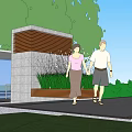 Residential Landscape With Glass Structure Trees Stone Paved Ground Greenery And People