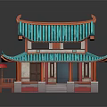 Traditional Chinese Two Story Building With Blue Roof Red Pillars And Ornate Design
