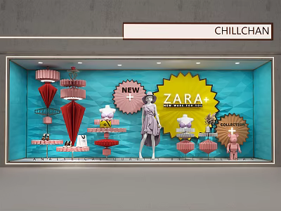 ZARA New Collection Window Display With Mannequin Umbrella Decorations And Blue Background 3d model