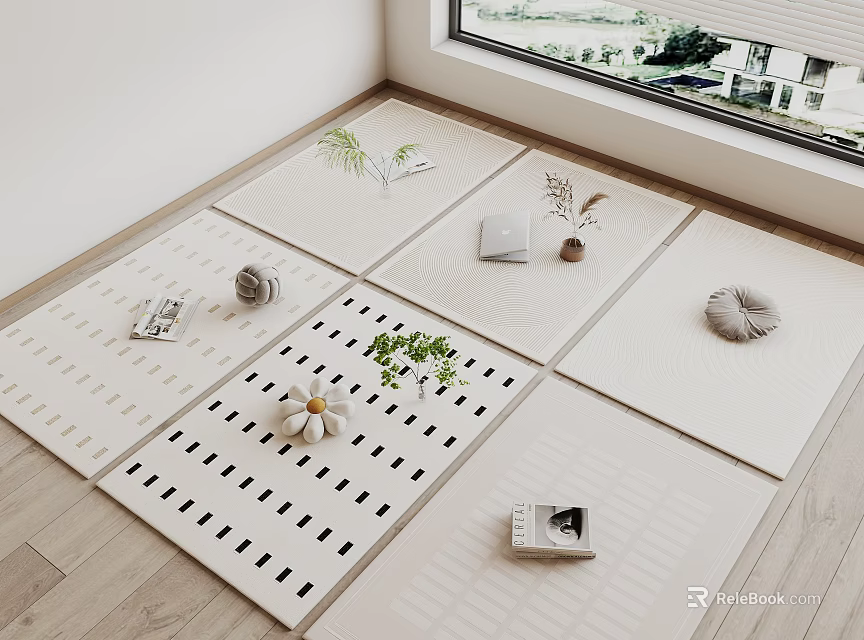 Patterned Square Rugs Layout With Decor Items In Bright Room 3d model 