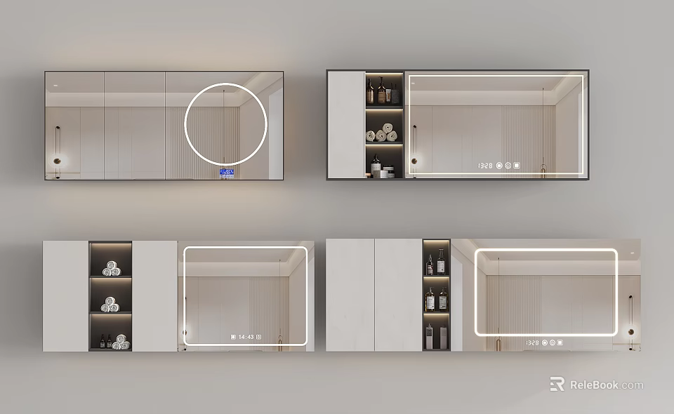 Round Illuminated Mirror For Modern Bathroom With Storage Cabinet And Shelves 3d model 