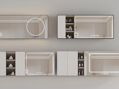 Round Illuminated Mirror For Modern Bathroom With Storage Cabinet And Shelves 3d model