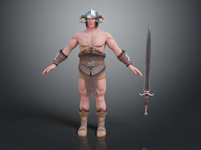 Man In Horned Helmet With Leather Armor Arm Guards Boots And Long Sword 3d model