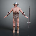 Man In Horned Helmet With Leather Armor Arm Guards Boots And Long Sword