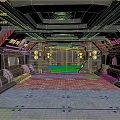 Cartoon Style Futuristic Spaceship Interior With Metallic Walls Red Accents Seats And Control Panels