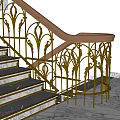 Elegant Staircase With Marble Steps Golden Wrought Iron Railings And Wooden Handrail