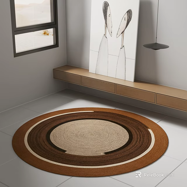 Brown and Beige Woven Round Carpet In Interior With Window Wall Art And Wooden Shelf 3d model 