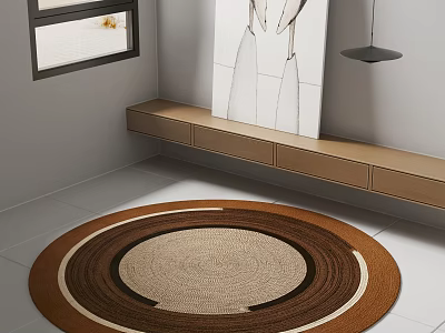 Brown and Beige Woven Round Carpet In Interior With Window Wall Art And Wooden Shelf 3d model