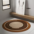 Brown and Beige Woven Round Carpet In Interior With Window Wall Art And Wooden Shelf